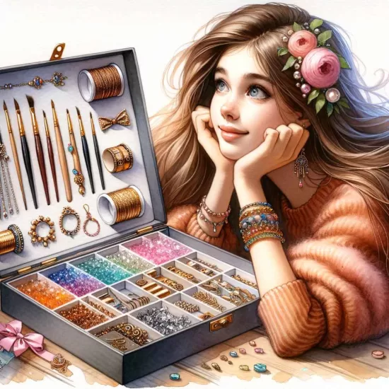 A girl with wide eyes, admiring a beautifully crafted jewelry-making kit