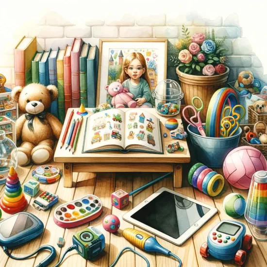 A colorful array of Christmas toys, books, and gadgets spread out on a wooden table