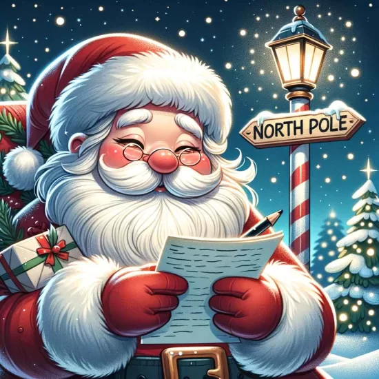 A colorful hand-drawn illustration of Santa Claus reading letters with a twinkling North Pole sign in the background