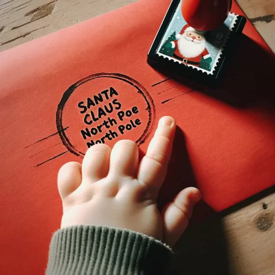 A child's hand placing a stamp on a red envelope addressed to "Santa Claus, North Pole.
