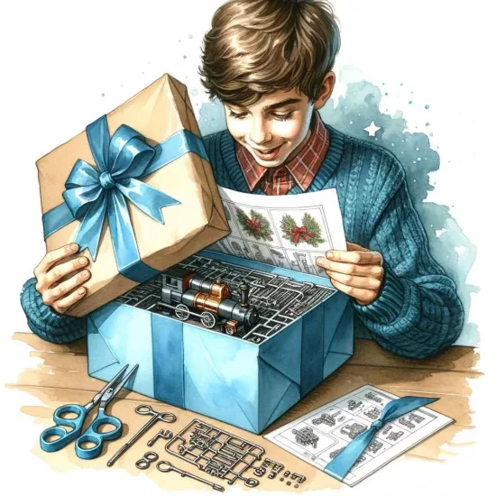 A boy excitedly unwrapping a gift that reveals an intricate model kit